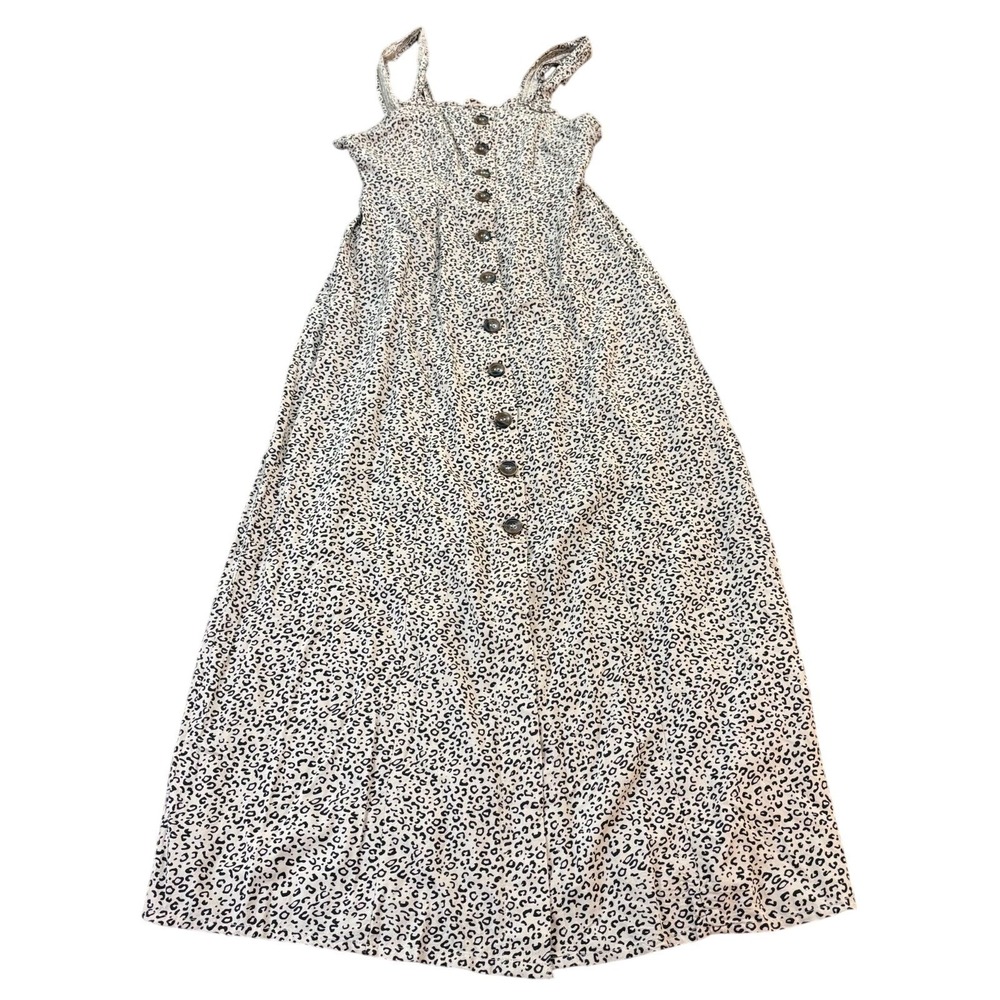 JAPNA Womens S Beige Leopard Print Smocked Button Front Rayon Maxi Sundress